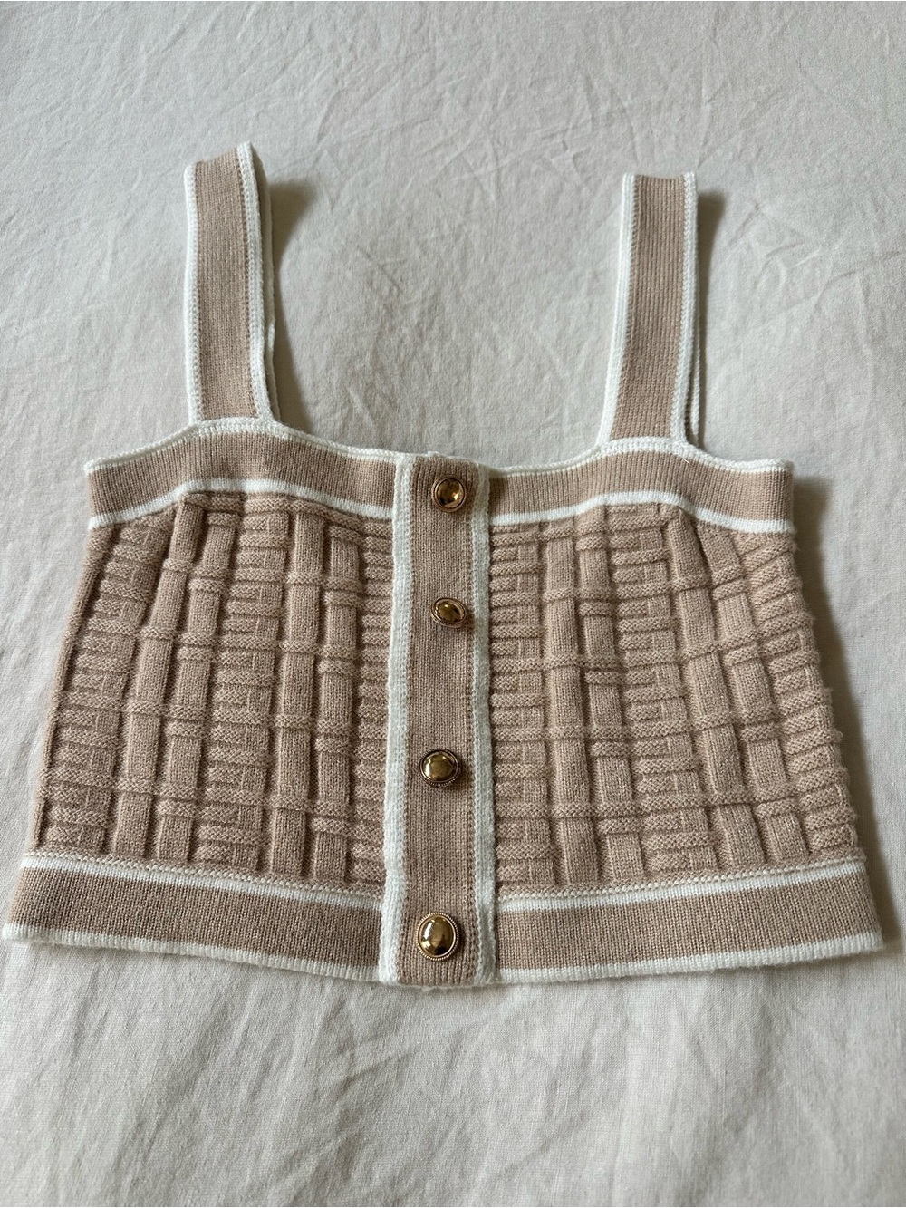 Amazon Beige and White Knit Cropped Tank Top with Gold Buttons